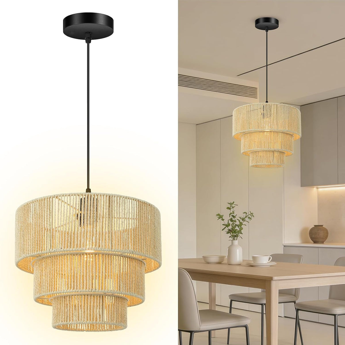 Elegant Hanging Lamp with Rattan Details | Kelmera