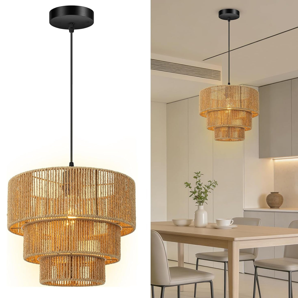 Elegant Hanging Lamp with Rattan Details | Kelmera