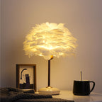 Feather Shade Table Lamp with Ceramic Base and Polished Metal Rod | Kelmera