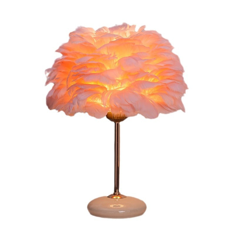 Feather Shade Table Lamp with Ceramic Base and Polished Metal Rod | Kelmera