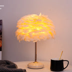 Feather Shade Table Lamp with Ceramic Base and Polished Metal Rod | Kelmera