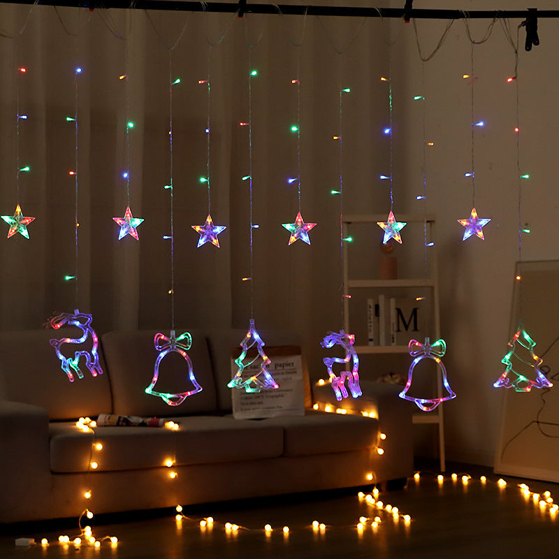 Festive LED Curtain String Lights with Hanging Star-Bell Tree and Reindeer Ornaments | Kelmera