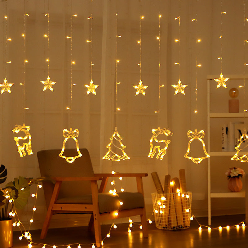 Festive LED Curtain String Lights with Hanging Star-Bell Tree and Reindeer Ornaments | Kelmera