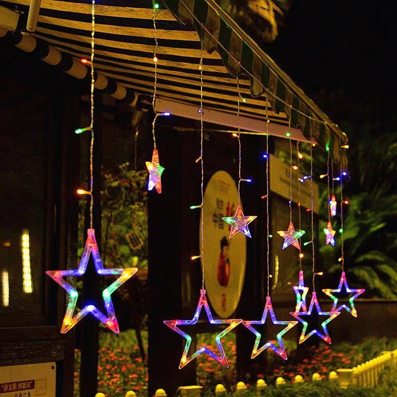 Festive LED Curtain String Lights with Hanging Star-Bell Tree and Reindeer Ornaments | Kelmera