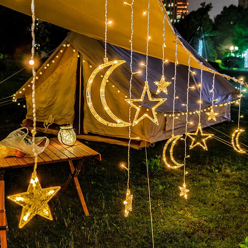 Festive LED Curtain String Lights with Hanging Star-Bell Tree and Reindeer Ornaments | Kelmera