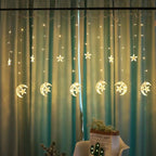 Festive LED Curtain String Lights with Hanging Star-Bell Tree and Reindeer Ornaments | Kelmera