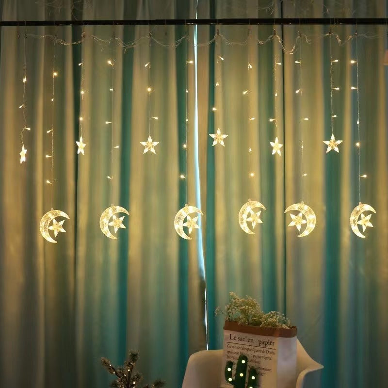 Festive LED Curtain String Lights with Hanging Star-Bell Tree and Reindeer Ornaments | Kelmera