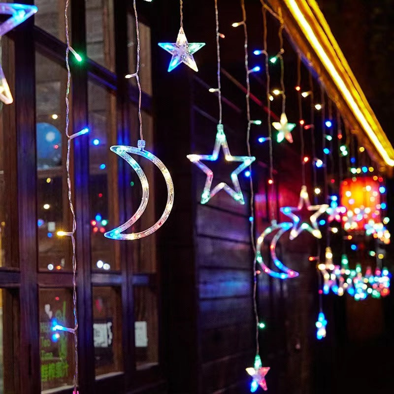 Festive LED Curtain String Lights with Hanging Star-Bell Tree and Reindeer Ornaments | Kelmera