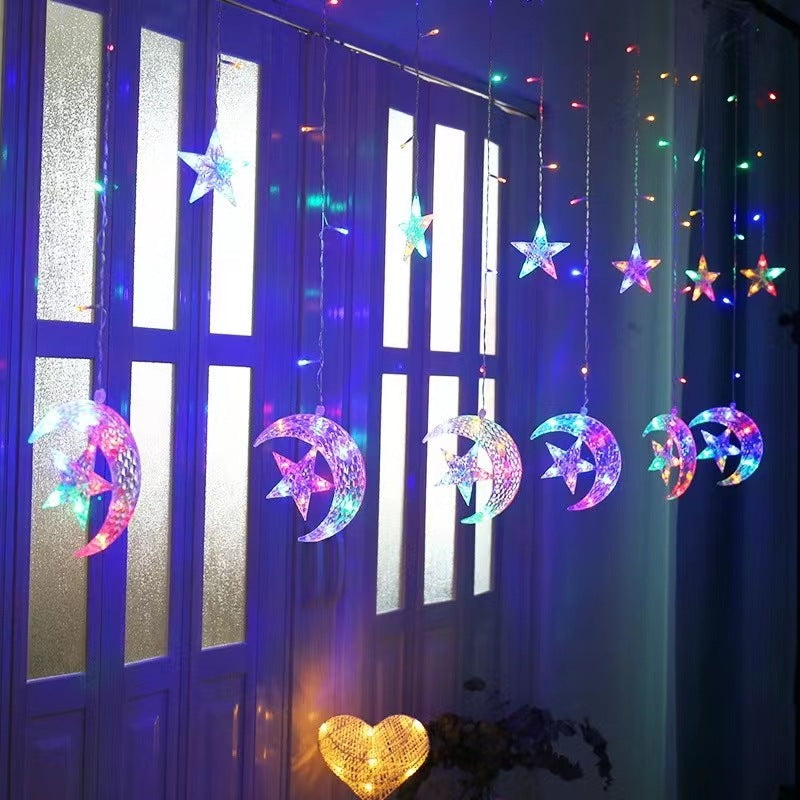 Festive LED Curtain String Lights with Hanging Star-Bell Tree and Reindeer Ornaments | Kelmera