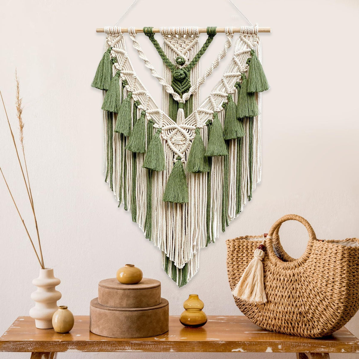 Handcrafted Macrame Wall Hanging Wood Hat Green | Kelmera