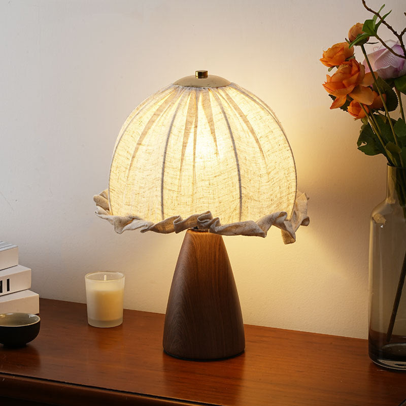 Handmade Linen Ruffle Table Lamp with Walnut Pyramid Base | Kelmera