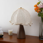 Handmade Linen Ruffle Table Lamp with Walnut Pyramid Base | Kelmera
