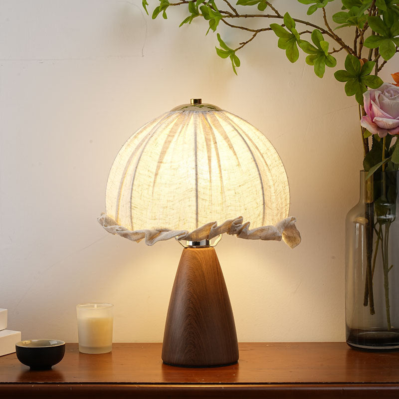 Handmade Linen Ruffle Table Lamp with Walnut Pyramid Base | Kelmera