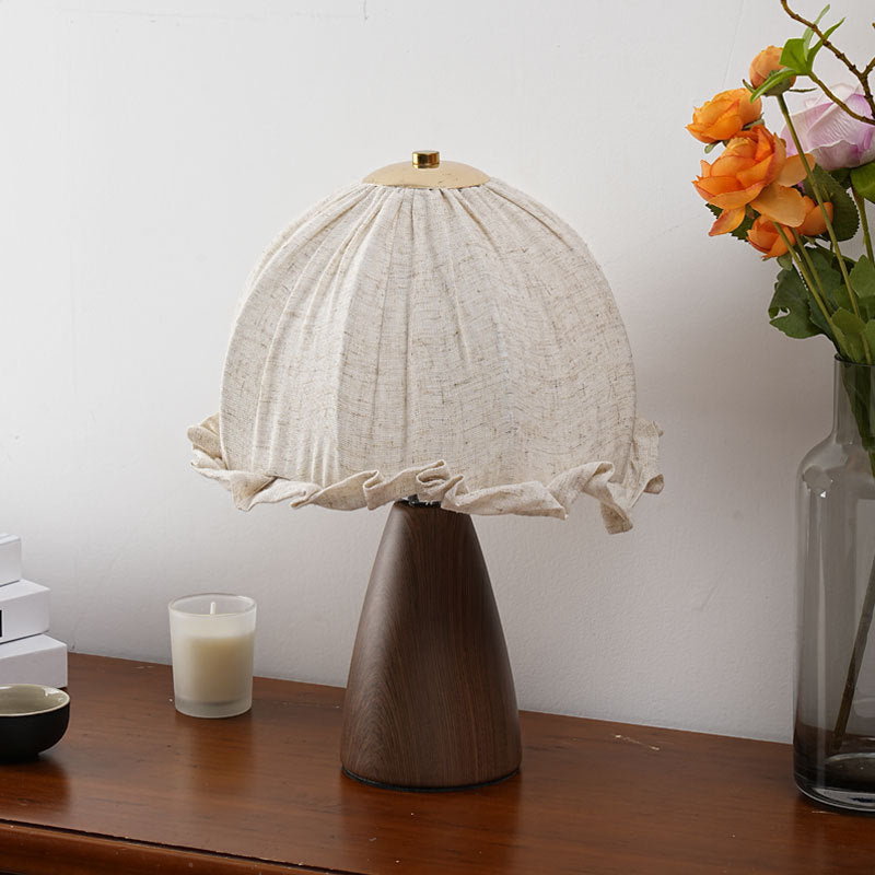 Handmade Linen Ruffle Table Lamp with Walnut Pyramid Base | Kelmera
