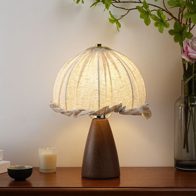 Handmade Linen Ruffle Table Lamp with Walnut Pyramid Base | Kelmera
