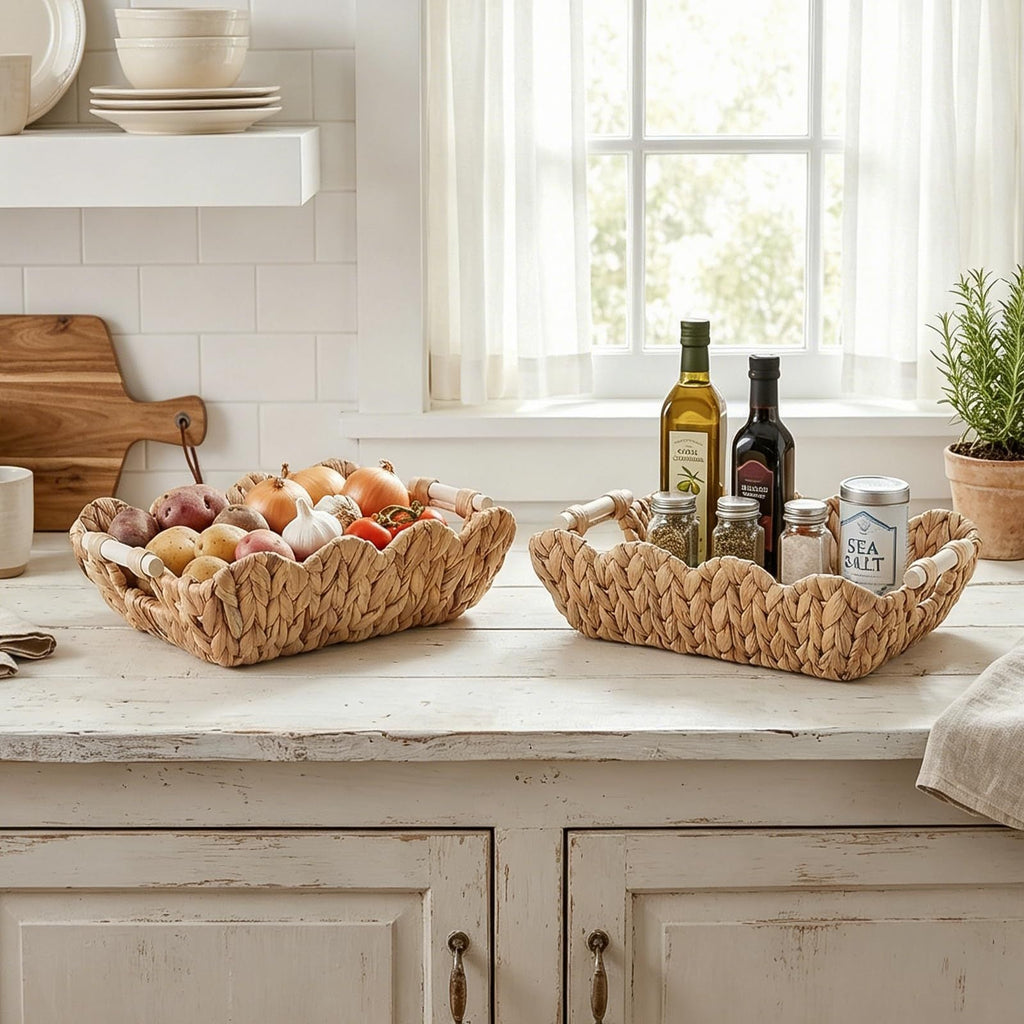 Handwoven Storage Basket with Wave Edge Wood Handle Small | Kelmera
