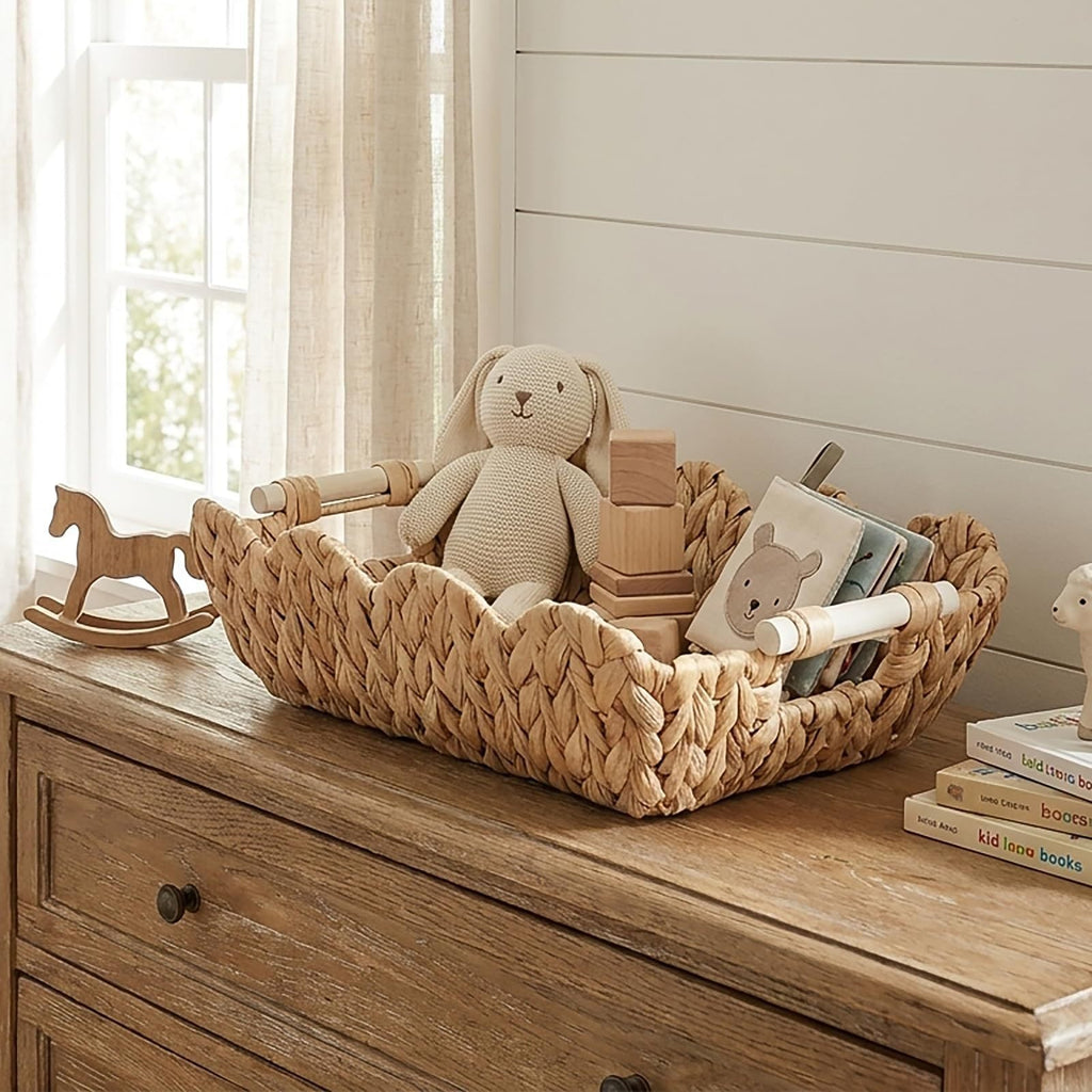 Handwoven Storage Basket with Wave Edge Wood Handle Small | Kelmera