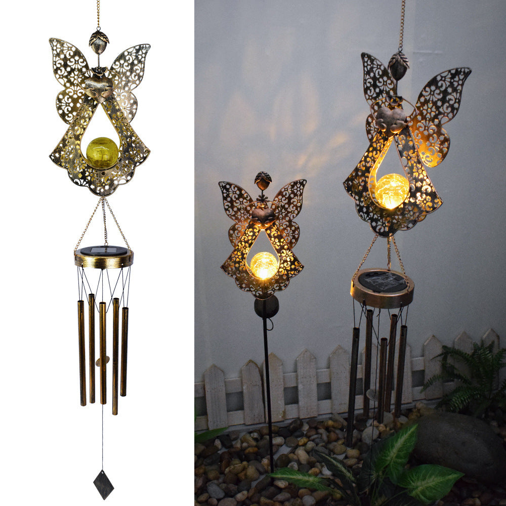 Hanging Flamingo Solar LED Wind Chime with Crackle Glass Globe | Kelmera