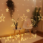 Hanging Star and Crescent Moon LED Curtain String Lights for Bedroom Ambiance | Kelmera