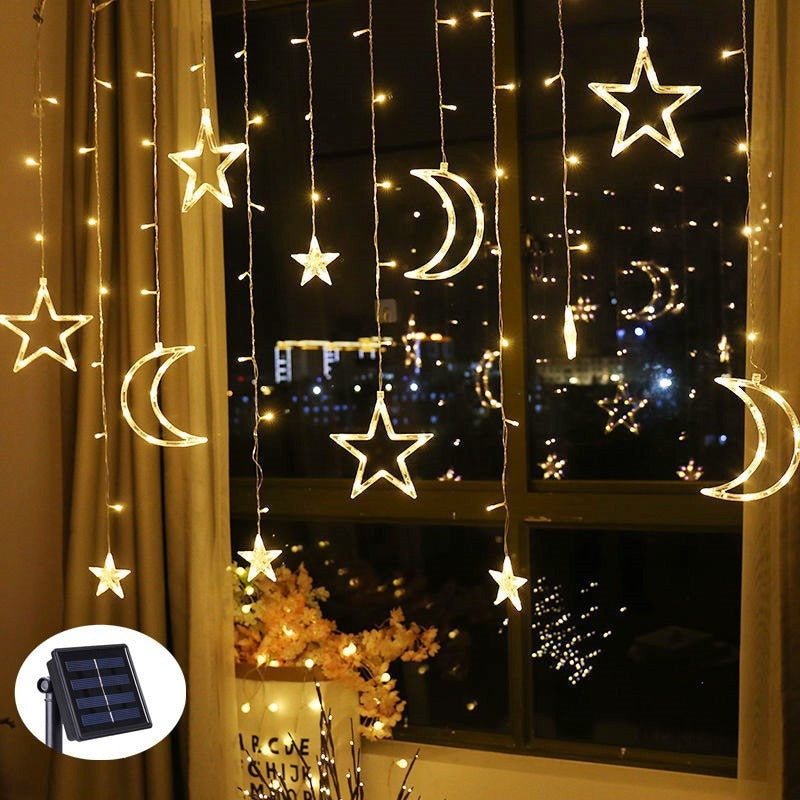 Hanging Star and Crescent Moon LED Curtain String Lights for Bedroom Ambiance | Kelmera