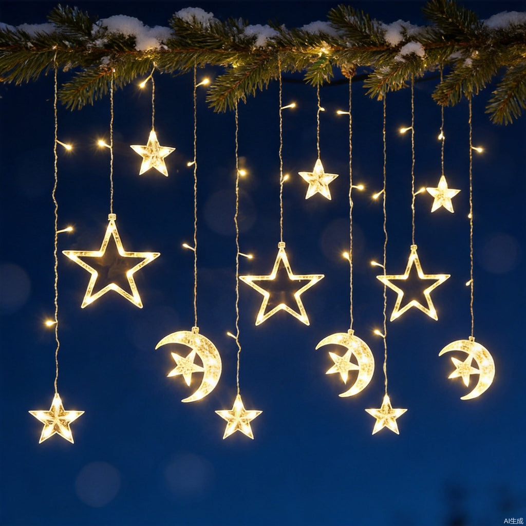 Hanging Star and Crescent Moon LED Curtain String Lights for Bedroom Ambiance | Kelmera