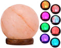 Himalayan Salt Crystal Sphere Lamp with Color Changing LED and Natural Wood Base | Kelmera