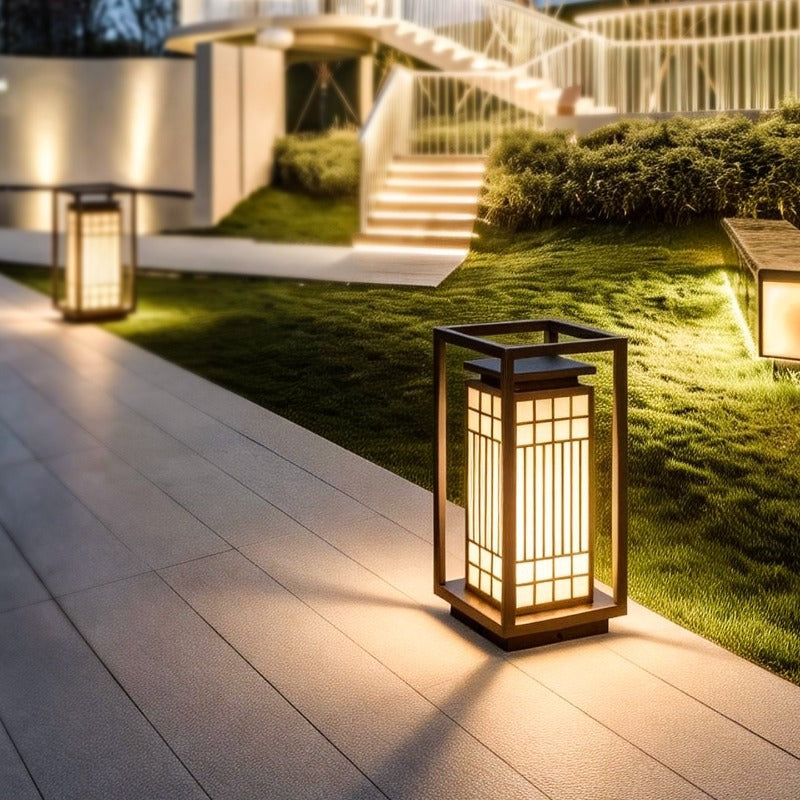 Japanese Inspired Solar Garden Floor Lantern with Wooden Frame | Kelmera