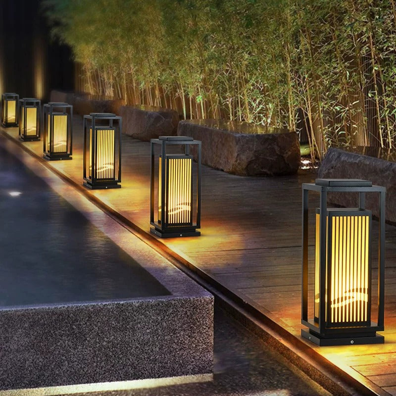 Japanese Inspired Solar Garden Floor Lantern with Wooden Frame | Kelmera