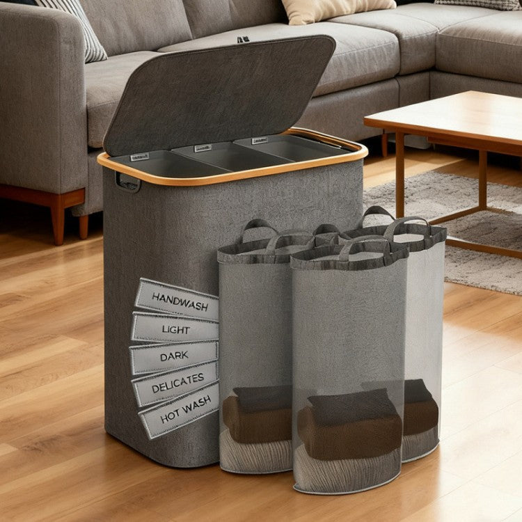 Laundry Separation System with Bamboo Lid and Multiple Compartments | Kelmera