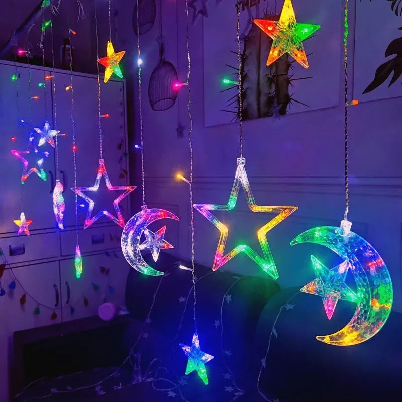 LED Acrylic Hanging Christmas Curtain Light Set with Reindeer Tree Bell and Star Ornaments | Kelmera