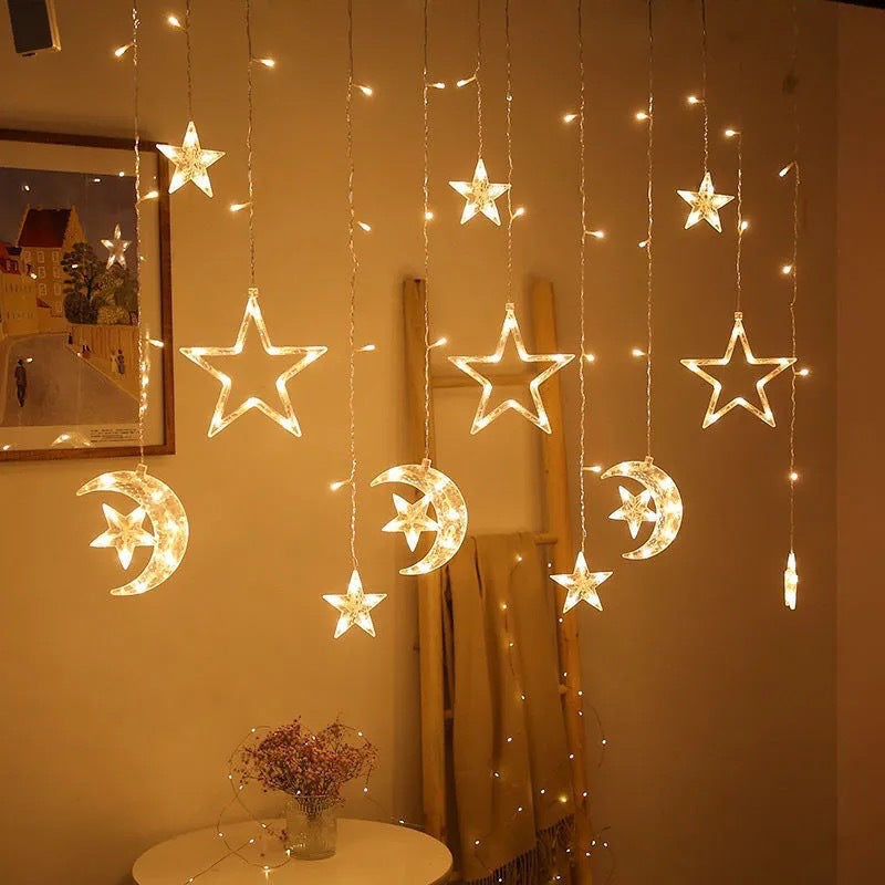LED Acrylic Hanging Christmas Curtain Light Set with Reindeer Tree Bell and Star Ornaments | Kelmera