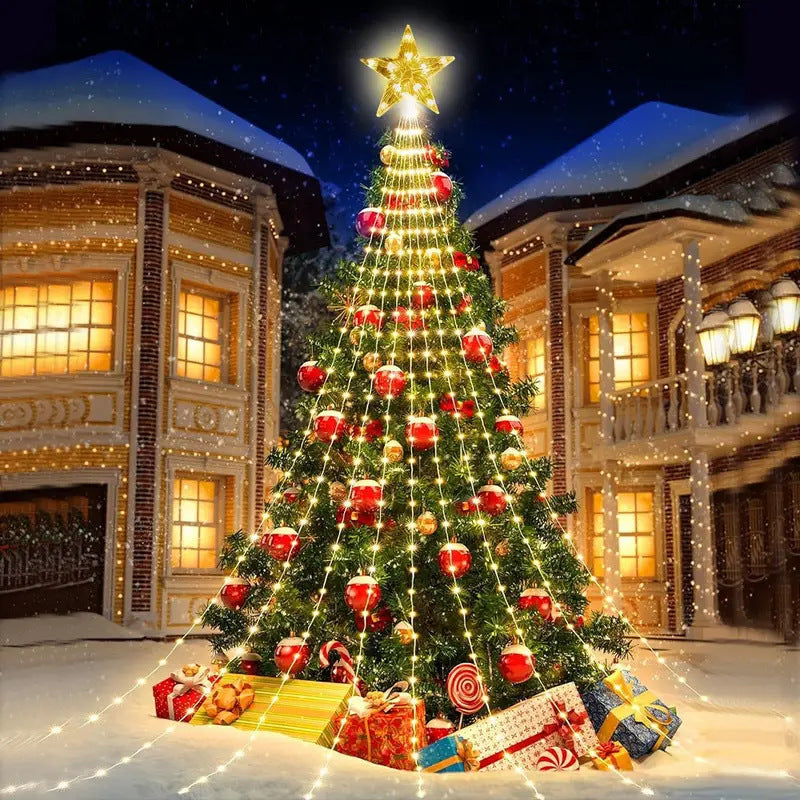 LED-Lit Pre-Installed Artificial Christmas Tree with Cascading Star Topper and Ornament-Ready Branches | Kelmera