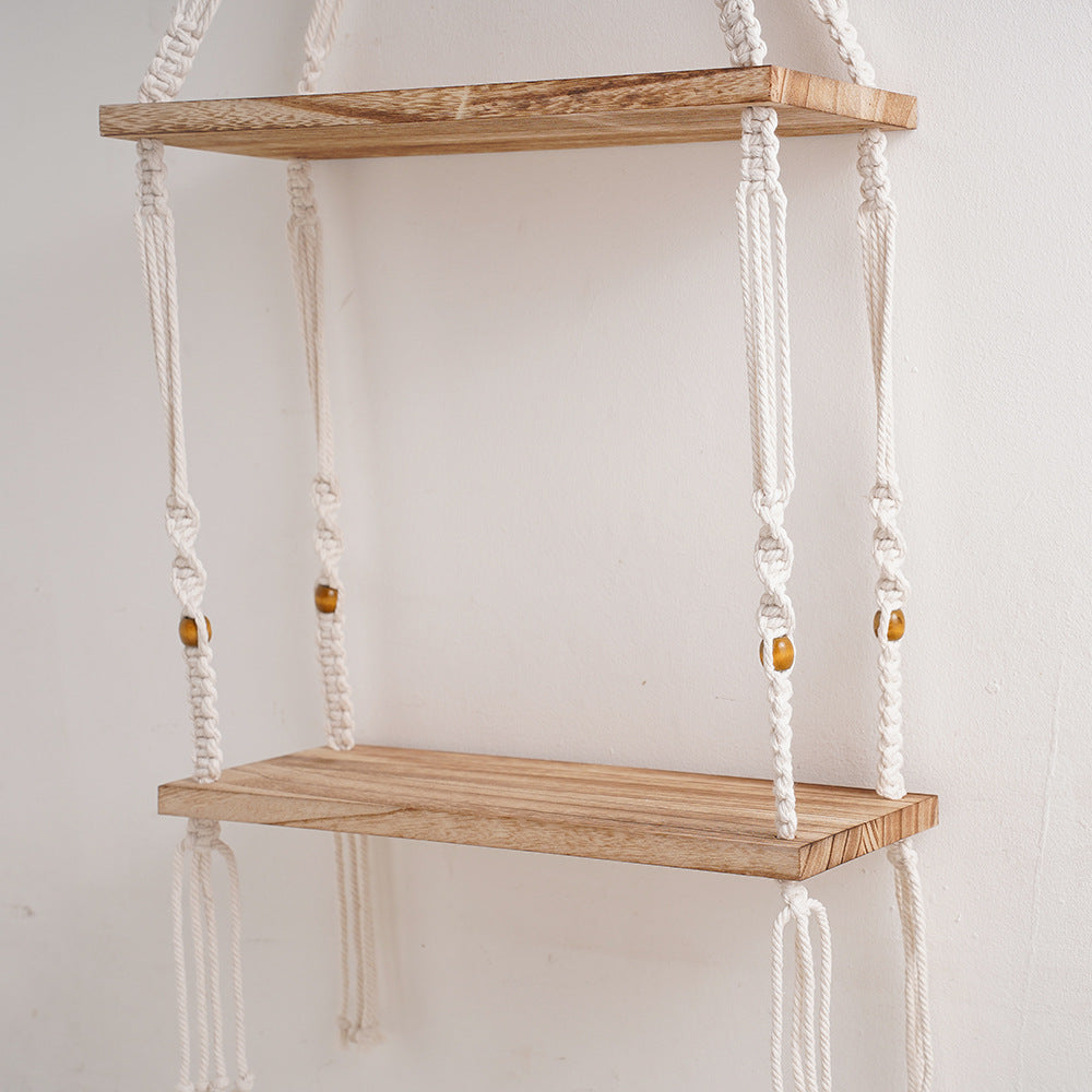 Macrame Floating Storage Shelf with Natural Wood Accents | Kelmera