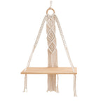 Macrame Hanging Shelf with Natural Wood Base | Kelmera