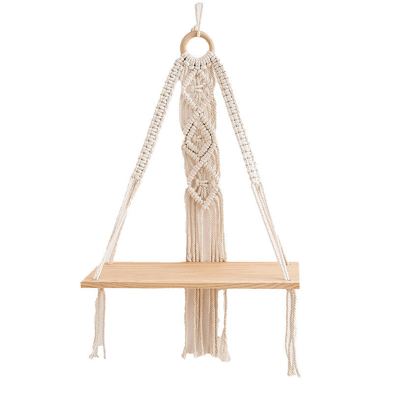 Macrame Hanging Shelf with Natural Wood Base | Kelmera