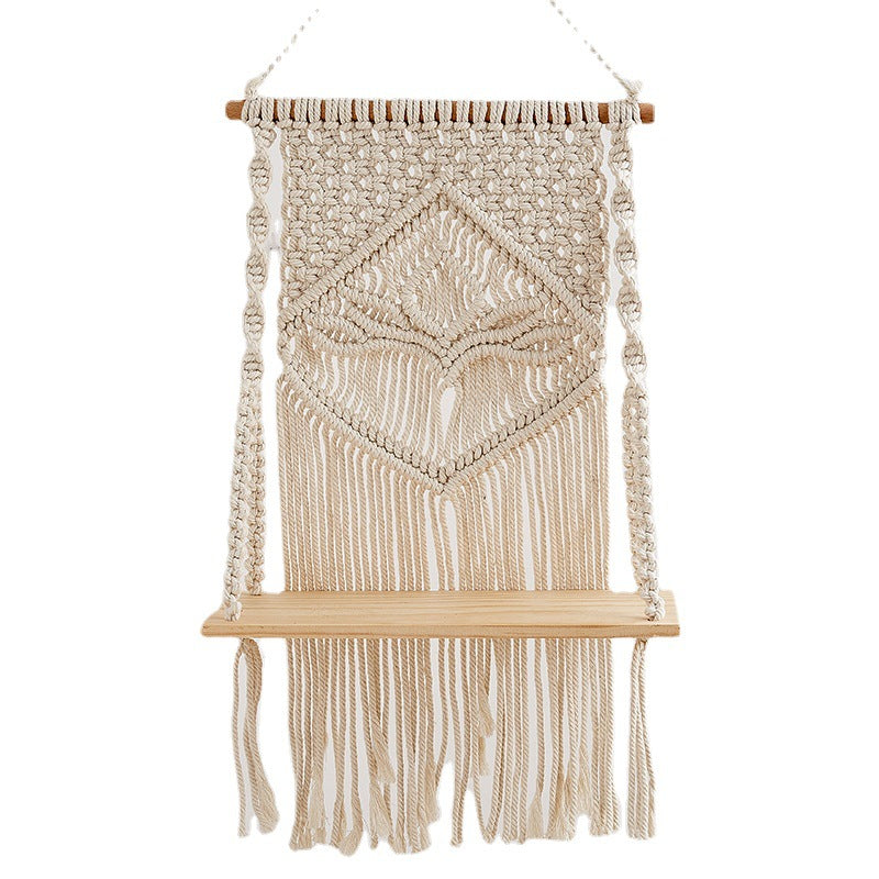 Macrame Hanging Shelf with Natural Wood Base | Kelmera
