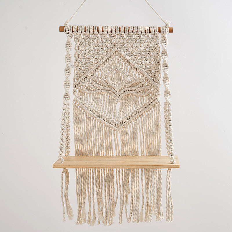 Macrame Hanging Shelf with Natural Wood Base | Kelmera