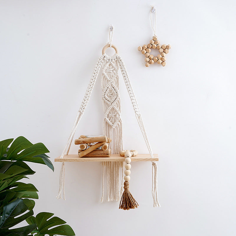Macrame Hanging Shelf with Natural Wood Base | Kelmera