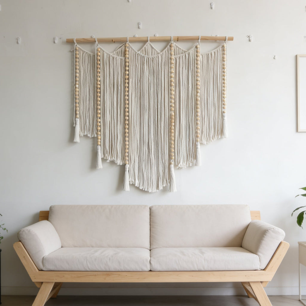 Macrame Wall Hanging with Intricate Fringes and Wooden Beads | Kelmera