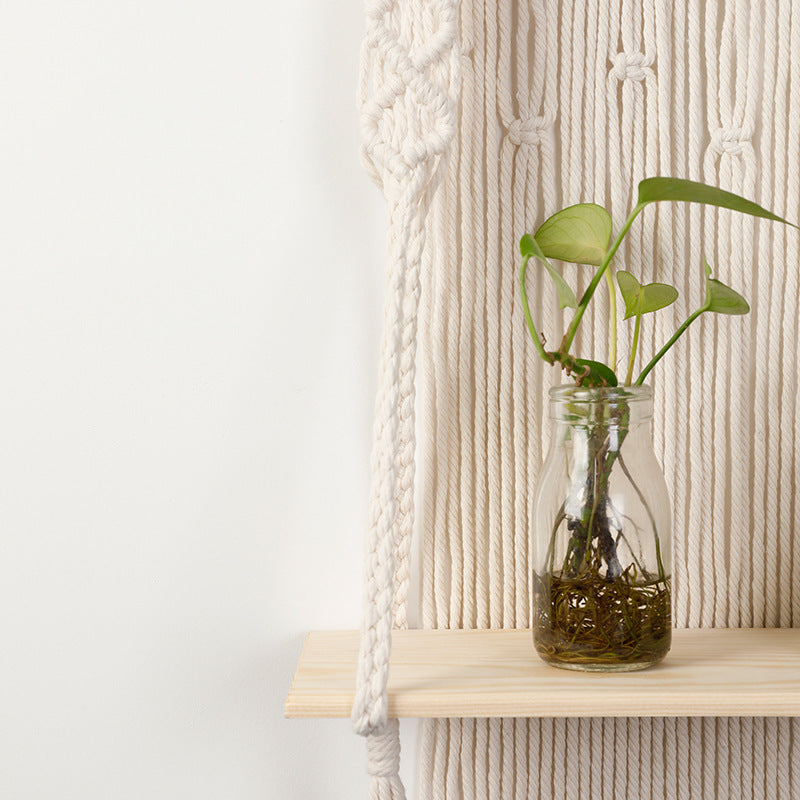 Macrame Wall Shelf with Integrated Plant Holder | Kelmera
