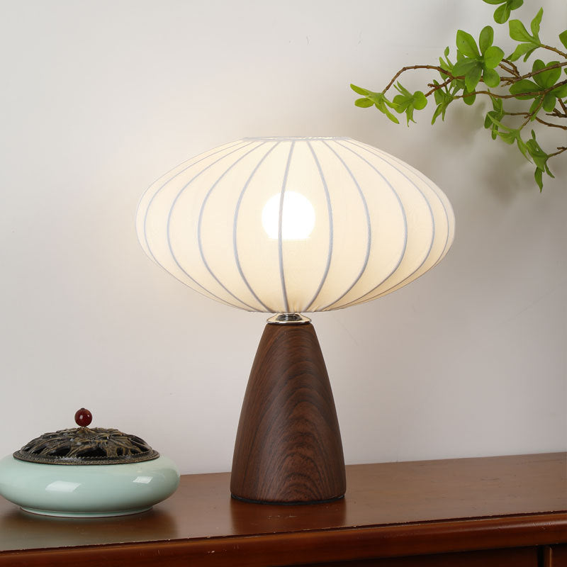 Mid-Century Wood Grain Cone Base Mushroom Fabric Table Lamp | Kelmera