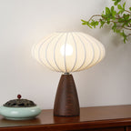 Mid-Century Wood Grain Cone Base Mushroom Fabric Table Lamp | Kelmera