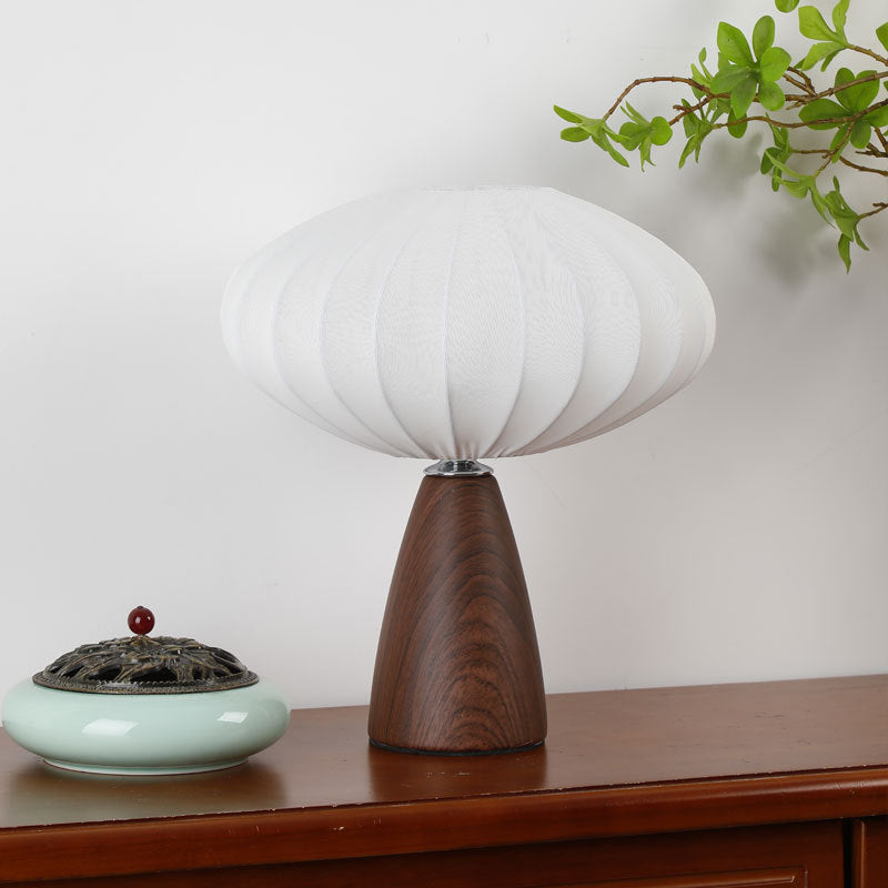 Mid-Century Wood Grain Cone Base Mushroom Fabric Table Lamp | Kelmera