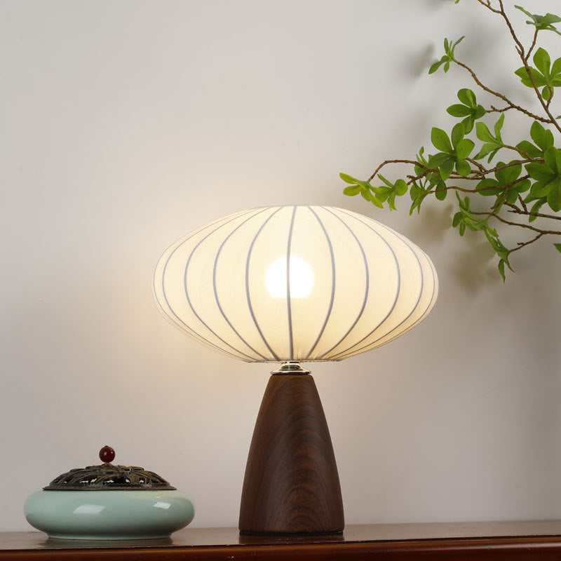 Mid-Century Wood Grain Cone Base Mushroom Fabric Table Lamp | Kelmera