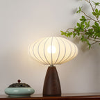 Mid-Century Wood Grain Cone Base Mushroom Fabric Table Lamp | Kelmera
