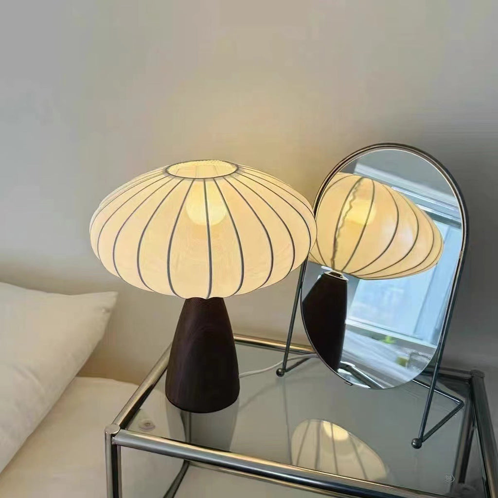 Mid-Century Wood Grain Cone Base Mushroom Fabric Table Lamp | Kelmera