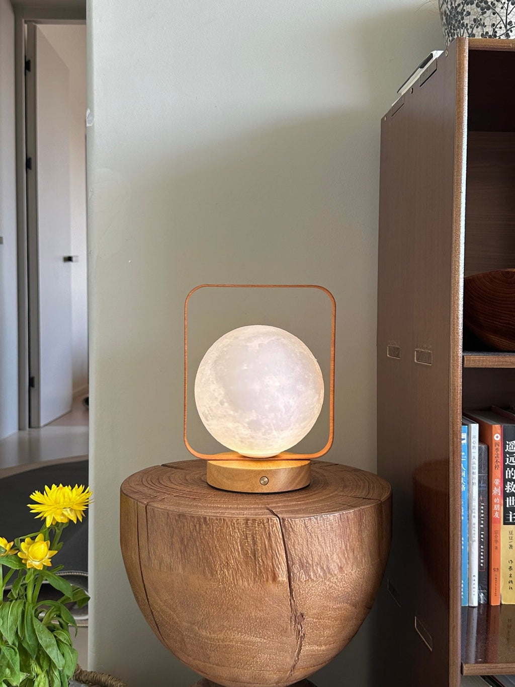 Moon Globe Ambient Table Lamp with Wooden Base and Copper Frame | Kelmera