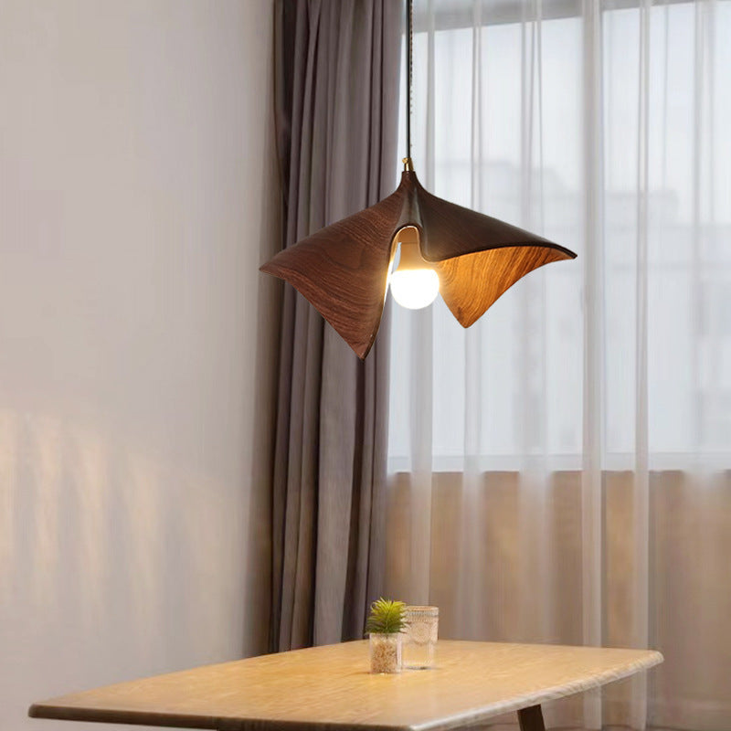 Organic Curved Wood-Look Resin Pendant Light with Draped Petal Shade | Kelmera