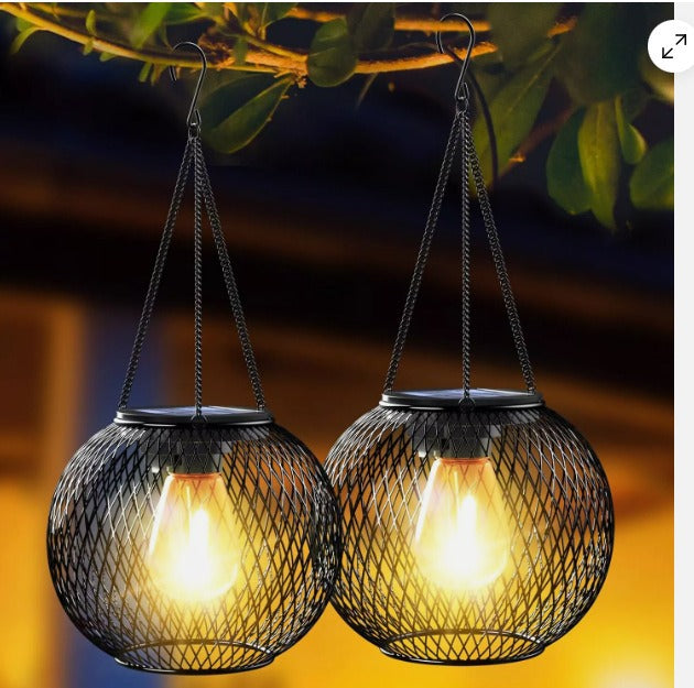 Outdoor Solar Hanging Lights in Metal Cage with Warm LED Candle Light | Kelmera