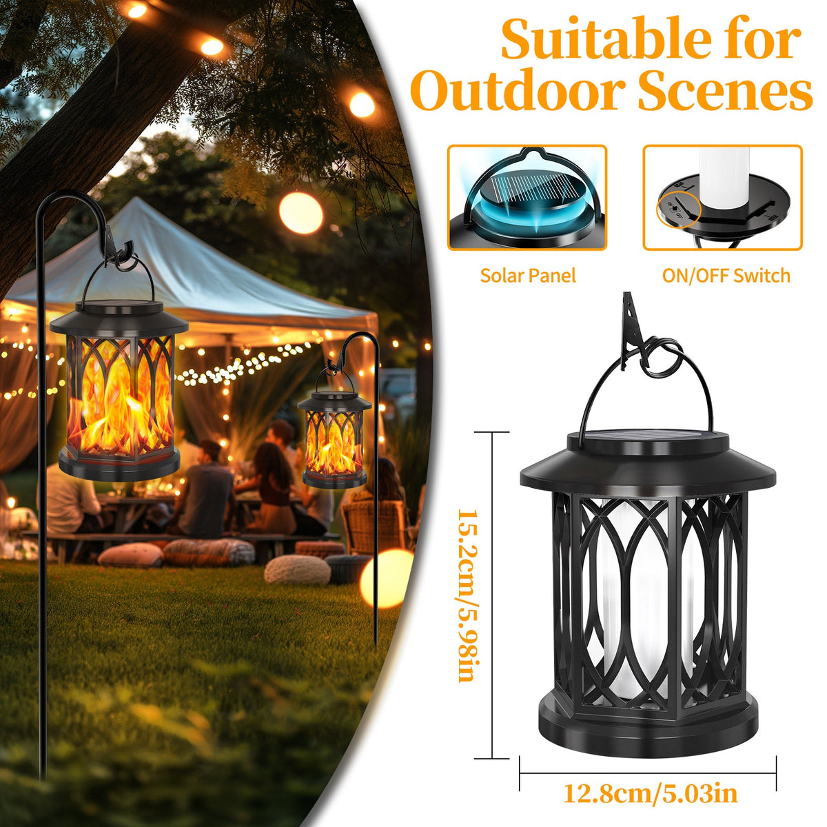 Outdoor Solar-Powered Metal Hanging Light with Decorative Grid and Flickering LED Candle | Kelmera